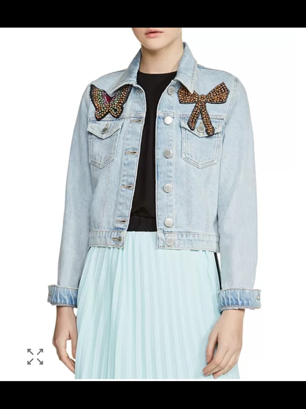 Maje Light Wash Denim Jacket with Beaded Butterfly Appliqués Size Small